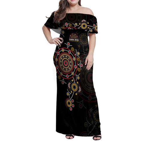 NAIDOC Deadly 50 Years Family Matching Off Shoulder Maxi Dress and Hawaiian Shirt Aboriginal Black Gold Boomerang Art