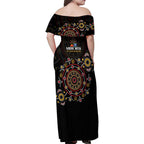 NAIDOC Deadly 50 Years Family Matching Off Shoulder Maxi Dress and Hawaiian Shirt Aboriginal Black Gold Boomerang Art