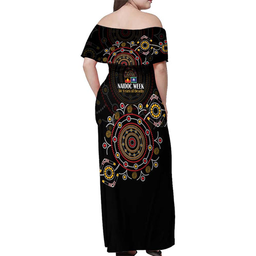 NAIDOC Deadly 50 Years Family Matching Off Shoulder Maxi Dress and Hawaiian Shirt Aboriginal Black Gold Boomerang Art