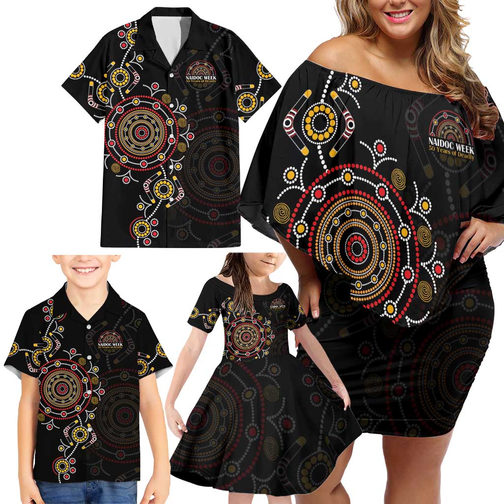NAIDOC Deadly 50 Years Family Matching Off Shoulder Short Dress and Hawaiian Shirt Aboriginal Black Gold Boomerang Art