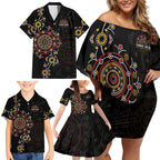 NAIDOC Deadly 50 Years Family Matching Off Shoulder Short Dress and Hawaiian Shirt Aboriginal Black Gold Boomerang Art