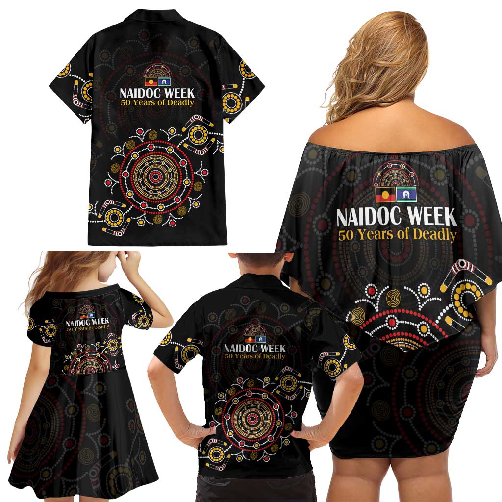 NAIDOC Deadly 50 Years Family Matching Off Shoulder Short Dress and Hawaiian Shirt Aboriginal Black Gold Boomerang Art