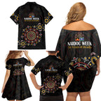 NAIDOC Deadly 50 Years Family Matching Off Shoulder Short Dress and Hawaiian Shirt Aboriginal Black Gold Boomerang Art