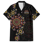 NAIDOC Deadly 50 Years Family Matching Off Shoulder Short Dress and Hawaiian Shirt Aboriginal Black Gold Boomerang Art