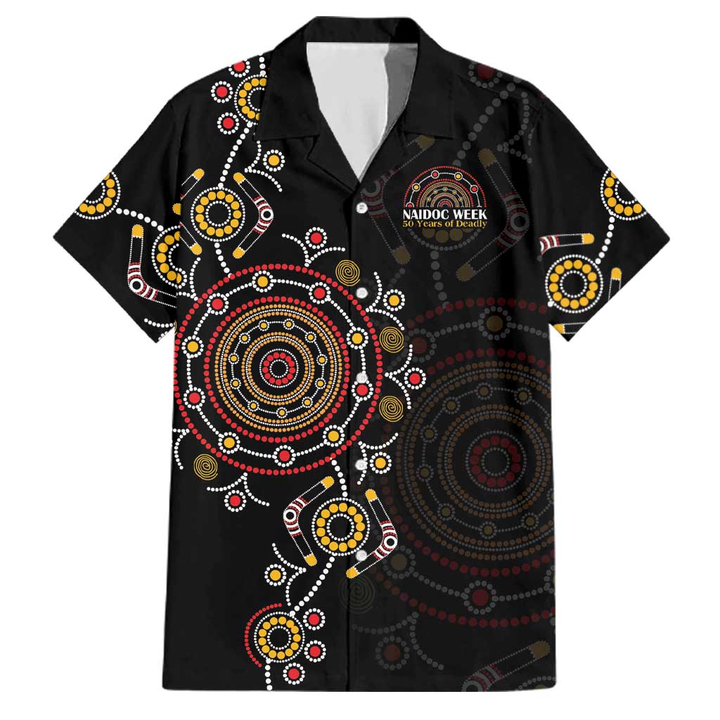 NAIDOC Deadly 50 Years Family Matching Off Shoulder Short Dress and Hawaiian Shirt Aboriginal Black Gold Boomerang Art