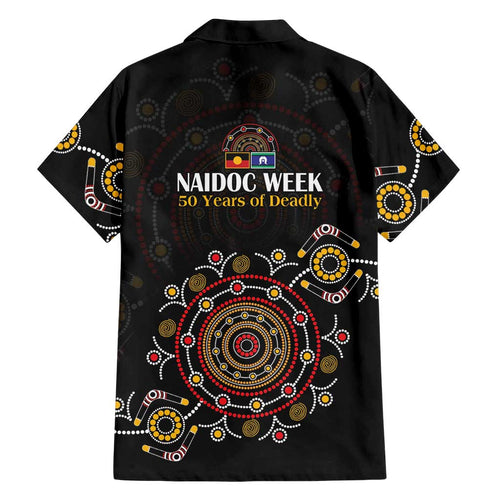 NAIDOC Deadly 50 Years Family Matching Off Shoulder Short Dress and Hawaiian Shirt Aboriginal Black Gold Boomerang Art