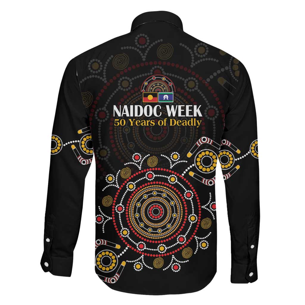 NAIDOC Deadly 50 Years Family Matching Off Shoulder Short Dress and Hawaiian Shirt Aboriginal Black Gold Boomerang Art