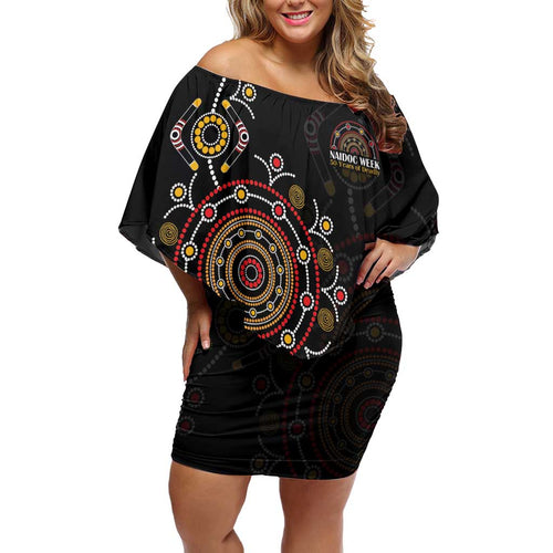 NAIDOC Deadly 50 Years Family Matching Off Shoulder Short Dress and Hawaiian Shirt Aboriginal Black Gold Boomerang Art