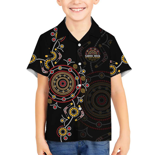 NAIDOC Deadly 50 Years Family Matching Off Shoulder Short Dress and Hawaiian Shirt Aboriginal Black Gold Boomerang Art