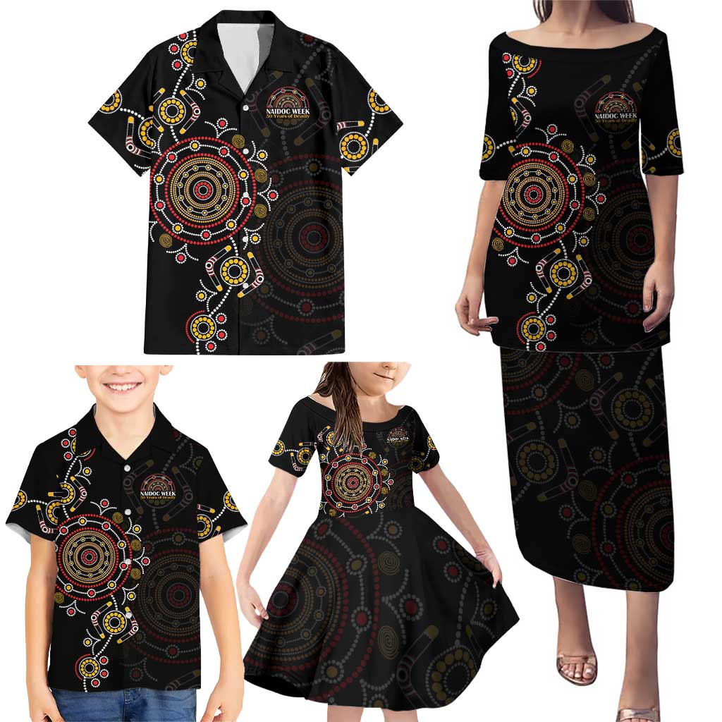NAIDOC Deadly 50 Years Family Matching Puletasi and Hawaiian Shirt Aboriginal Black Gold Boomerang Art