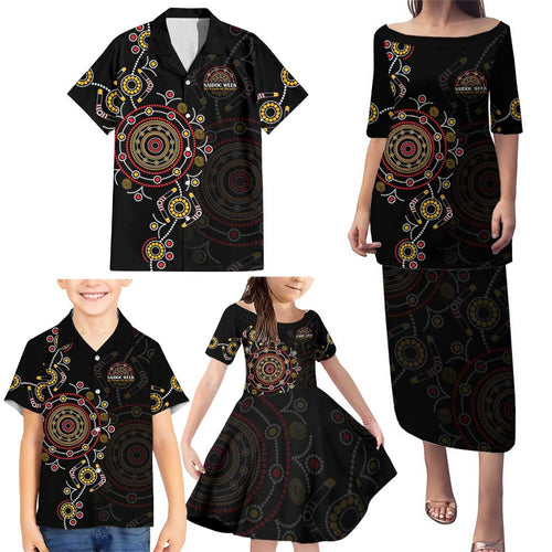 NAIDOC Deadly 50 Years Family Matching Puletasi and Hawaiian Shirt Aboriginal Black Gold Boomerang Art