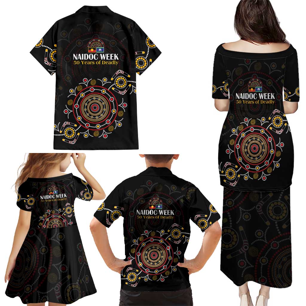 NAIDOC Deadly 50 Years Family Matching Puletasi and Hawaiian Shirt Aboriginal Black Gold Boomerang Art