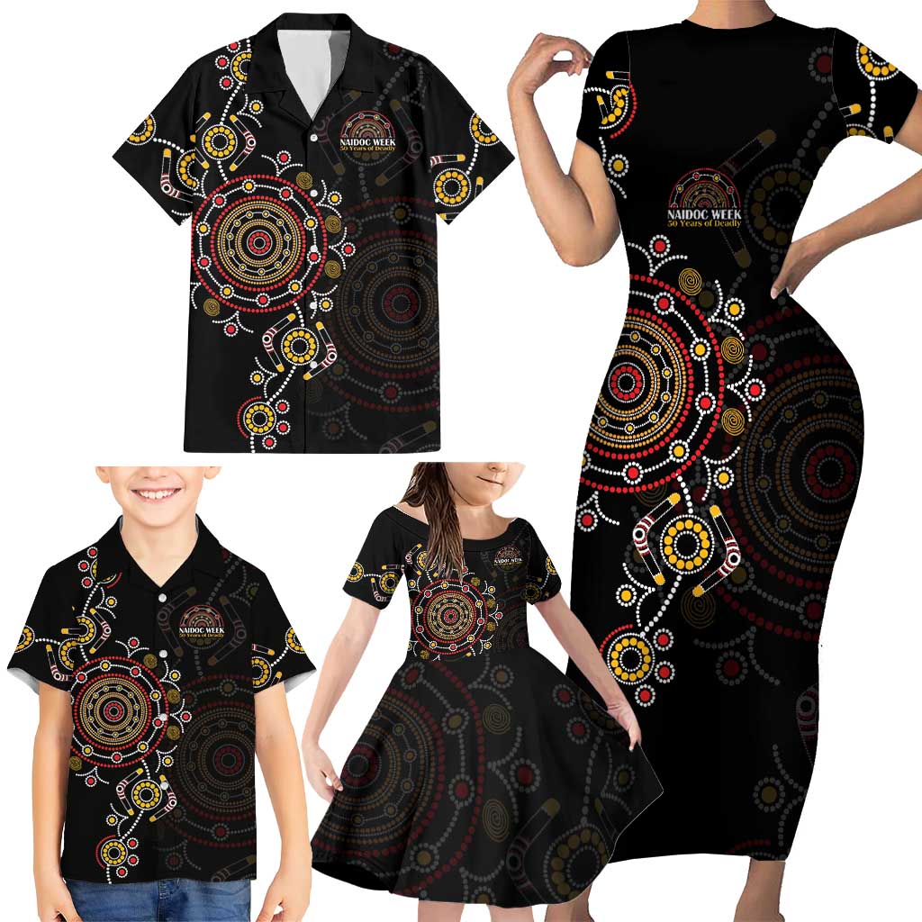 NAIDOC Deadly 50 Years Family Matching Short Sleeve Bodycon Dress and Hawaiian Shirt Aboriginal Black Gold Boomerang Art
