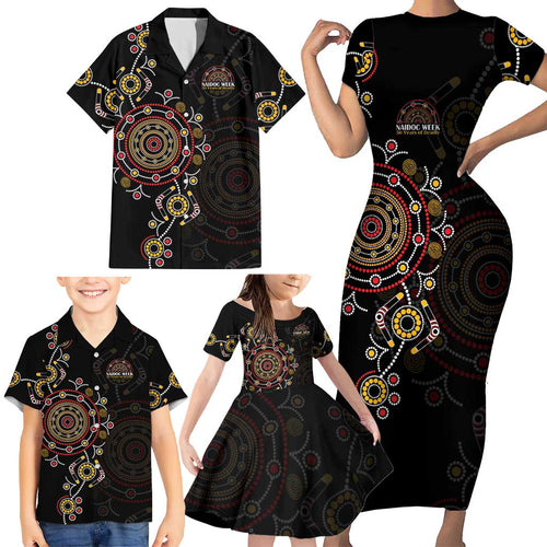NAIDOC Deadly 50 Years Family Matching Short Sleeve Bodycon Dress and Hawaiian Shirt Aboriginal Black Gold Boomerang Art