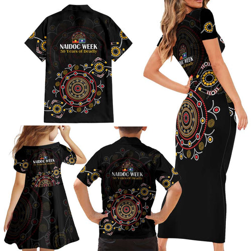 NAIDOC Deadly 50 Years Family Matching Short Sleeve Bodycon Dress and Hawaiian Shirt Aboriginal Black Gold Boomerang Art