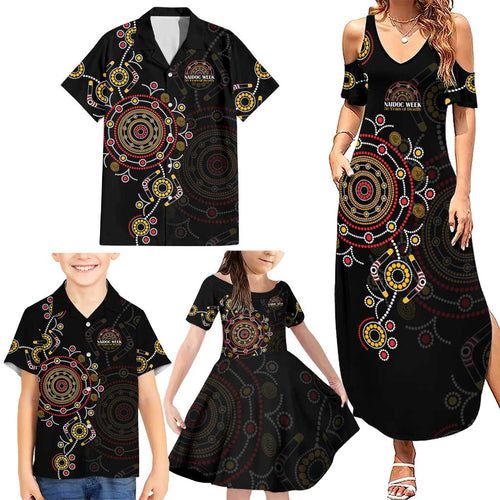 NAIDOC Deadly 50 Years Family Matching Summer Maxi Dress and Hawaiian Shirt Aboriginal Black Gold Boomerang Art
