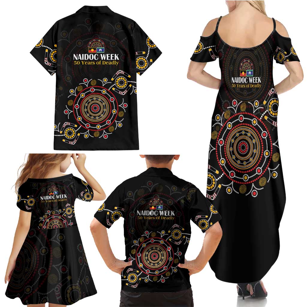NAIDOC Deadly 50 Years Family Matching Summer Maxi Dress and Hawaiian Shirt Aboriginal Black Gold Boomerang Art