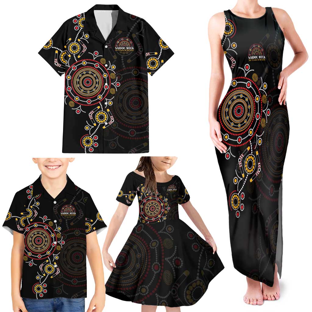 NAIDOC Deadly 50 Years Family Matching Tank Maxi Dress and Hawaiian Shirt Aboriginal Black Gold Boomerang Art