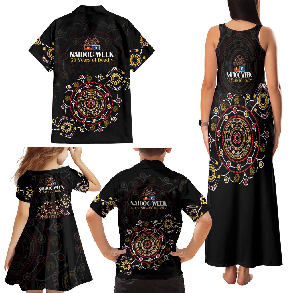 NAIDOC Deadly 50 Years Family Matching Tank Maxi Dress and Hawaiian Shirt Aboriginal Black Gold Boomerang Art
