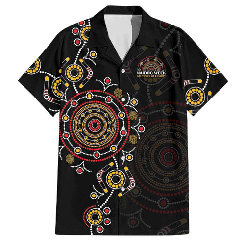 NAIDOC Deadly 50 Years Family Matching Tank Maxi Dress and Hawaiian Shirt Aboriginal Black Gold Boomerang Art