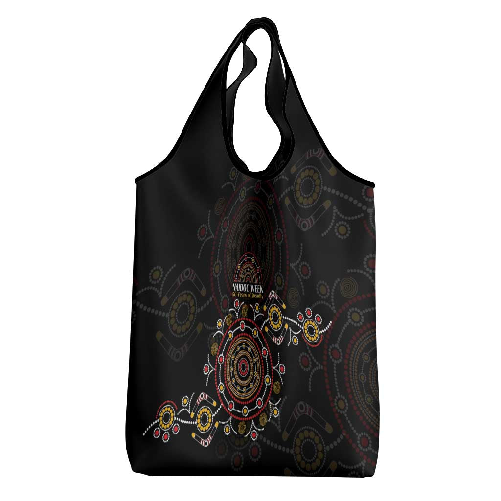NAIDOC Deadly 50 Years Grocery Bag Aboriginal Black Gold Boomerang Art