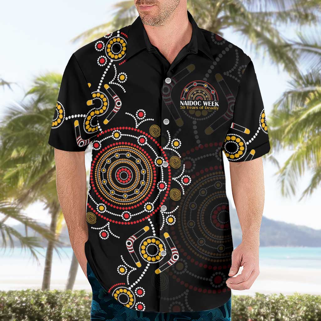 NAIDOC Deadly 50 Years Hawaiian Shirt Aboriginal Black Gold Boomerang Art