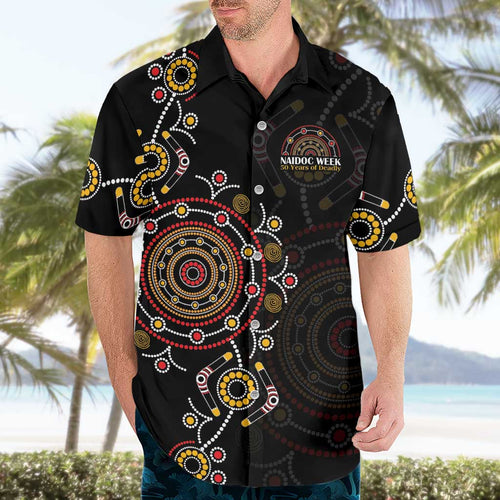 NAIDOC Deadly 50 Years Hawaiian Shirt Aboriginal Black Gold Boomerang Art