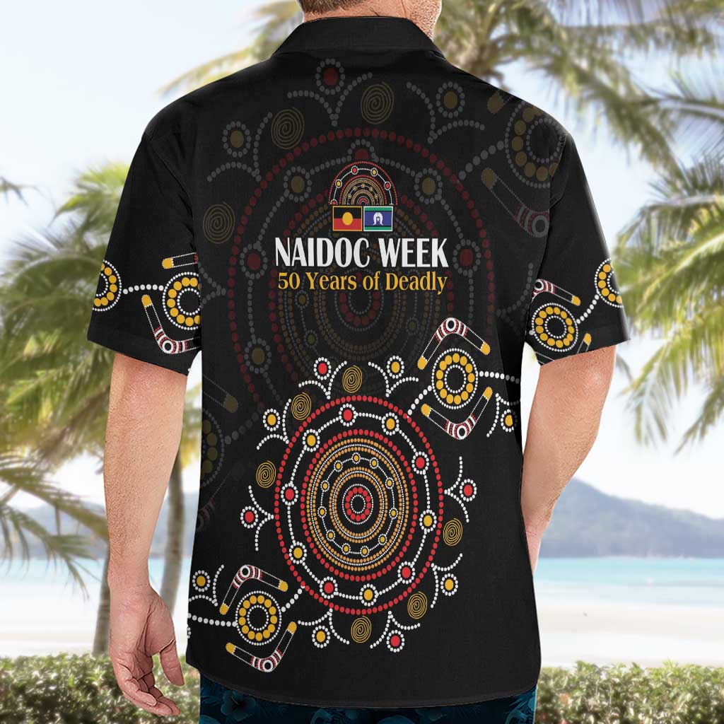 NAIDOC Deadly 50 Years Hawaiian Shirt Aboriginal Black Gold Boomerang Art