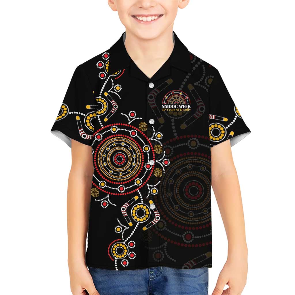 NAIDOC Deadly 50 Years Hawaiian Shirt Aboriginal Black Gold Boomerang Art