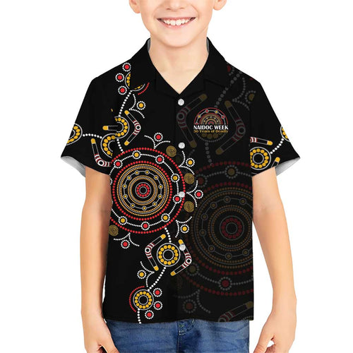 NAIDOC Deadly 50 Years Hawaiian Shirt Aboriginal Black Gold Boomerang Art