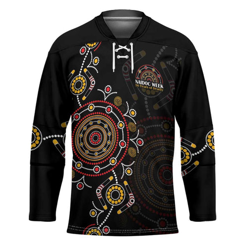 NAIDOC Deadly 50 Years Hockey Jersey Aboriginal Black Gold Boomerang Art