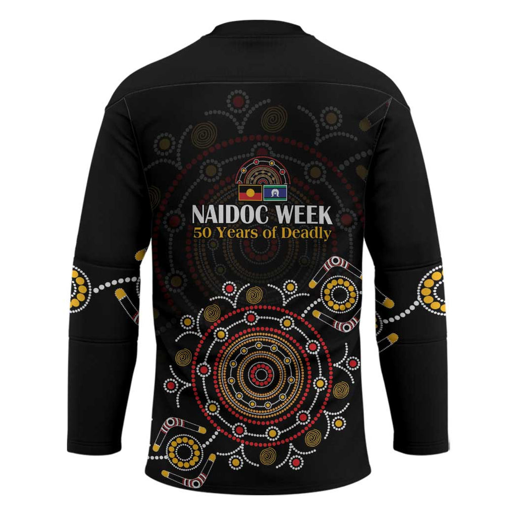 NAIDOC Deadly 50 Years Hockey Jersey Aboriginal Black Gold Boomerang Art