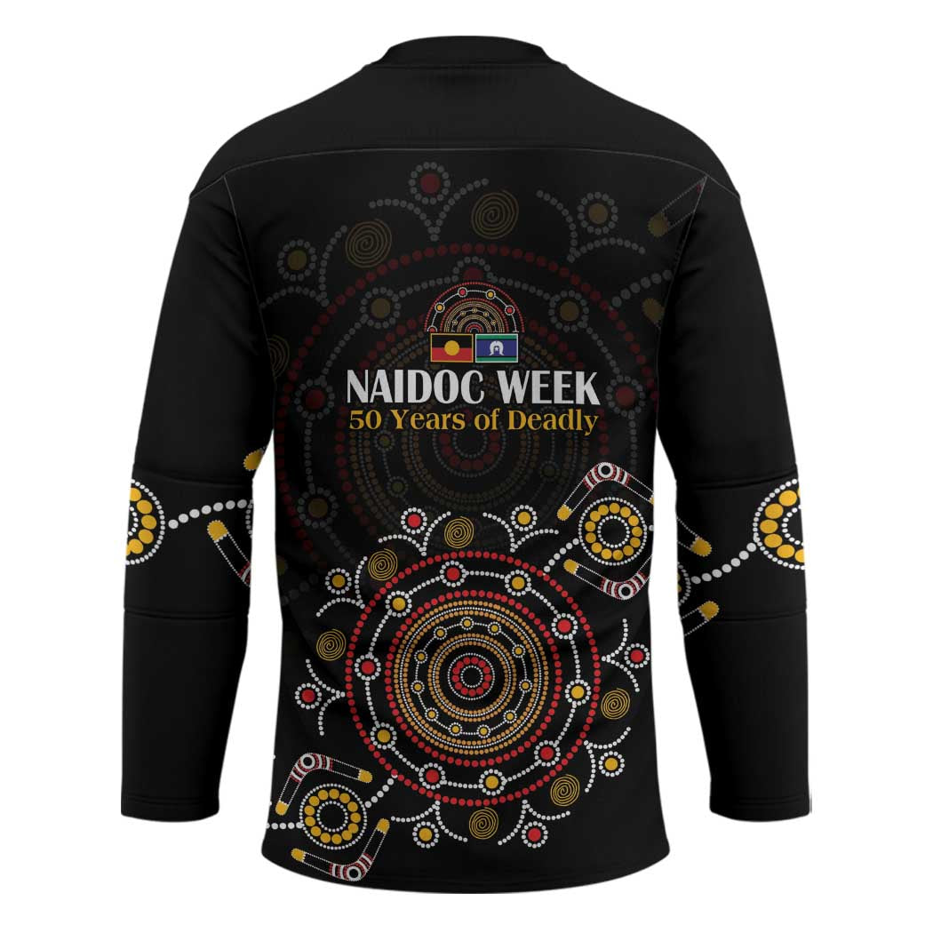 NAIDOC Deadly 50 Years Hockey Jersey Aboriginal Black Gold Boomerang Art