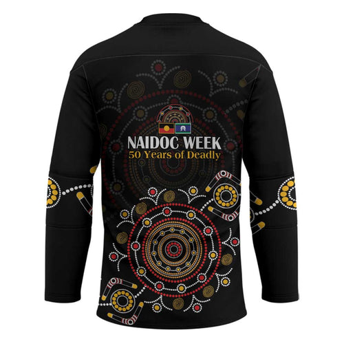 NAIDOC Deadly 50 Years Hockey Jersey Aboriginal Black Gold Boomerang Art