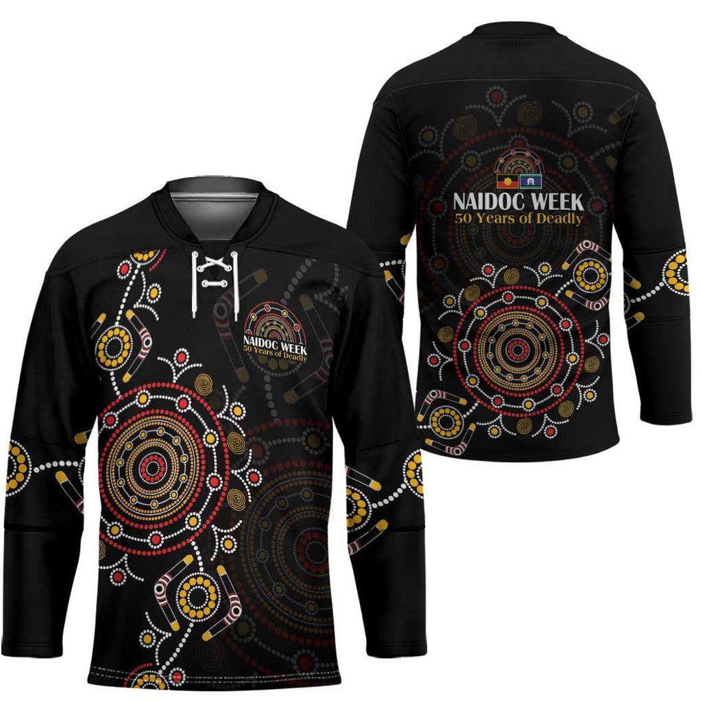 NAIDOC Deadly 50 Years Hockey Jersey Aboriginal Black Gold Boomerang Art
