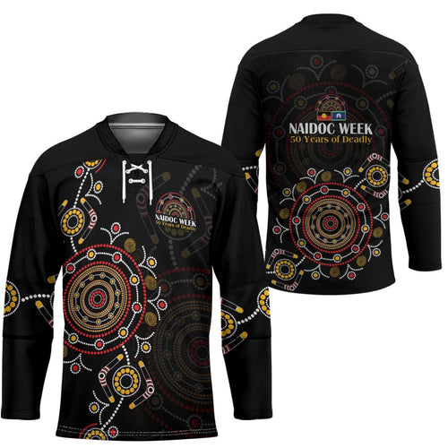 NAIDOC Deadly 50 Years Hockey Jersey Aboriginal Black Gold Boomerang Art