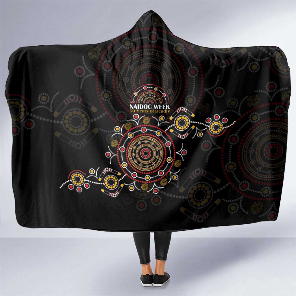 NAIDOC Deadly 50 Years Hooded Blanket Aboriginal Black Gold Boomerang Art