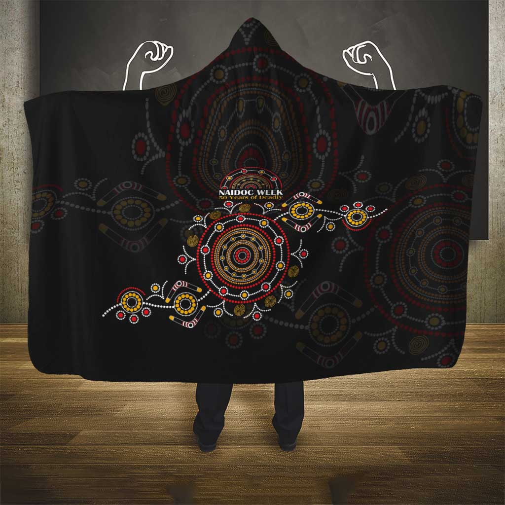 NAIDOC Deadly 50 Years Hooded Blanket Aboriginal Black Gold Boomerang Art