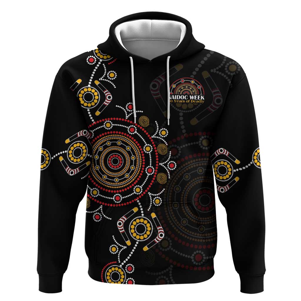 NAIDOC Deadly 50 Years Hoodie Aboriginal Black Gold Boomerang Art
