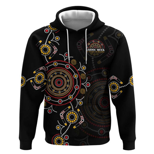 NAIDOC Deadly 50 Years Hoodie Aboriginal Black Gold Boomerang Art