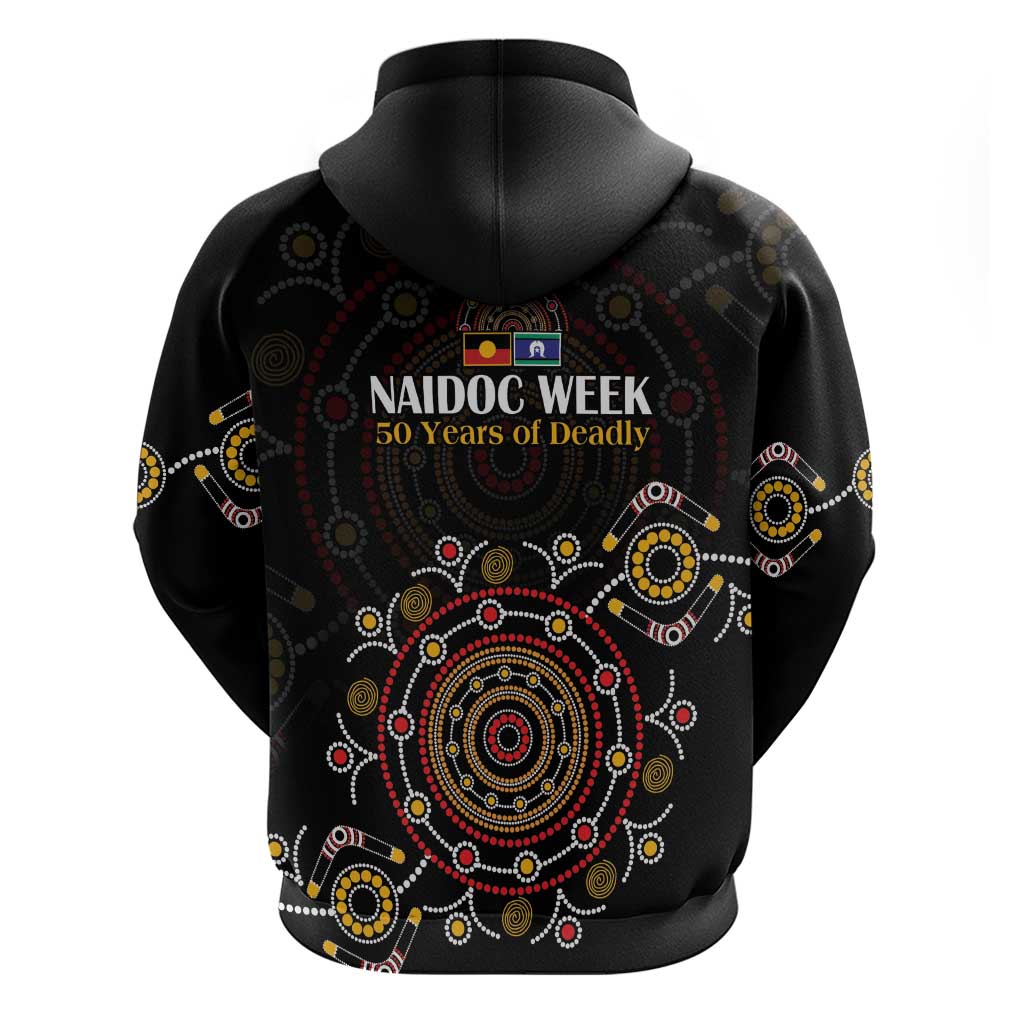 NAIDOC Deadly 50 Years Hoodie Aboriginal Black Gold Boomerang Art