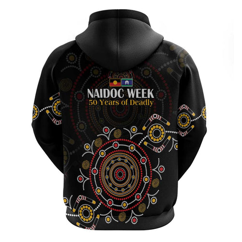 NAIDOC Deadly 50 Years Hoodie Aboriginal Black Gold Boomerang Art