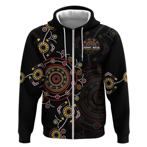 NAIDOC Deadly 50 Years Hoodie Aboriginal Black Gold Boomerang Art