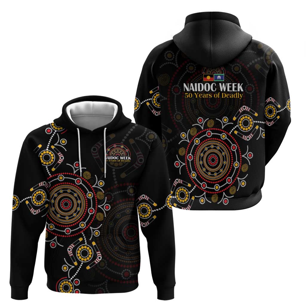 NAIDOC Deadly 50 Years Hoodie Aboriginal Black Gold Boomerang Art