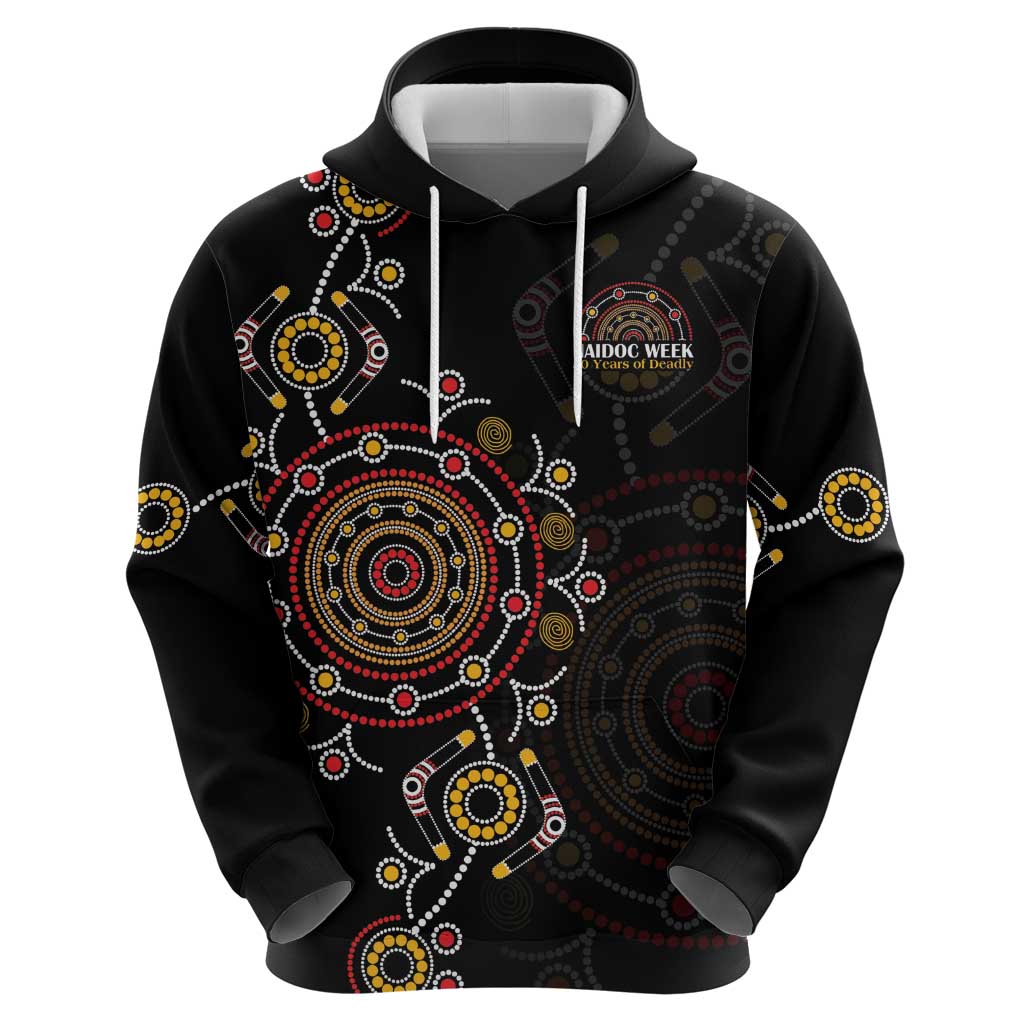 NAIDOC Deadly 50 Years Hoodie Aboriginal Black Gold Boomerang Art