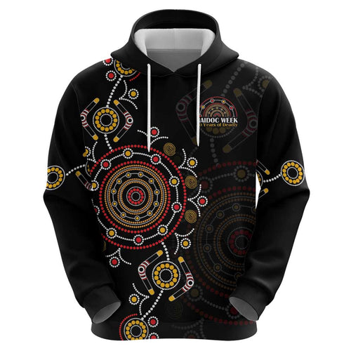 NAIDOC Deadly 50 Years Hoodie Aboriginal Black Gold Boomerang Art