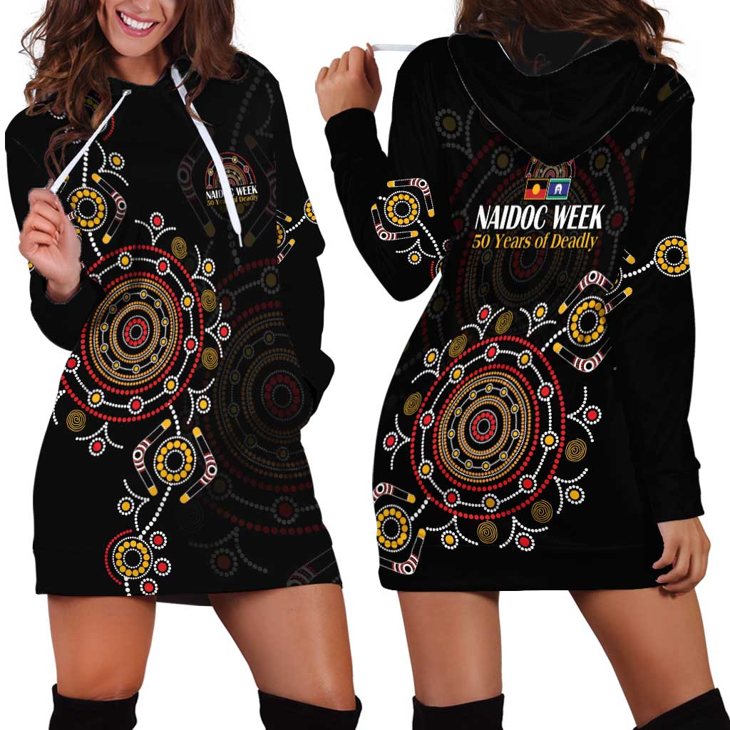 NAIDOC Deadly 50 Years Hoodie Dress Aboriginal Black Gold Boomerang Art