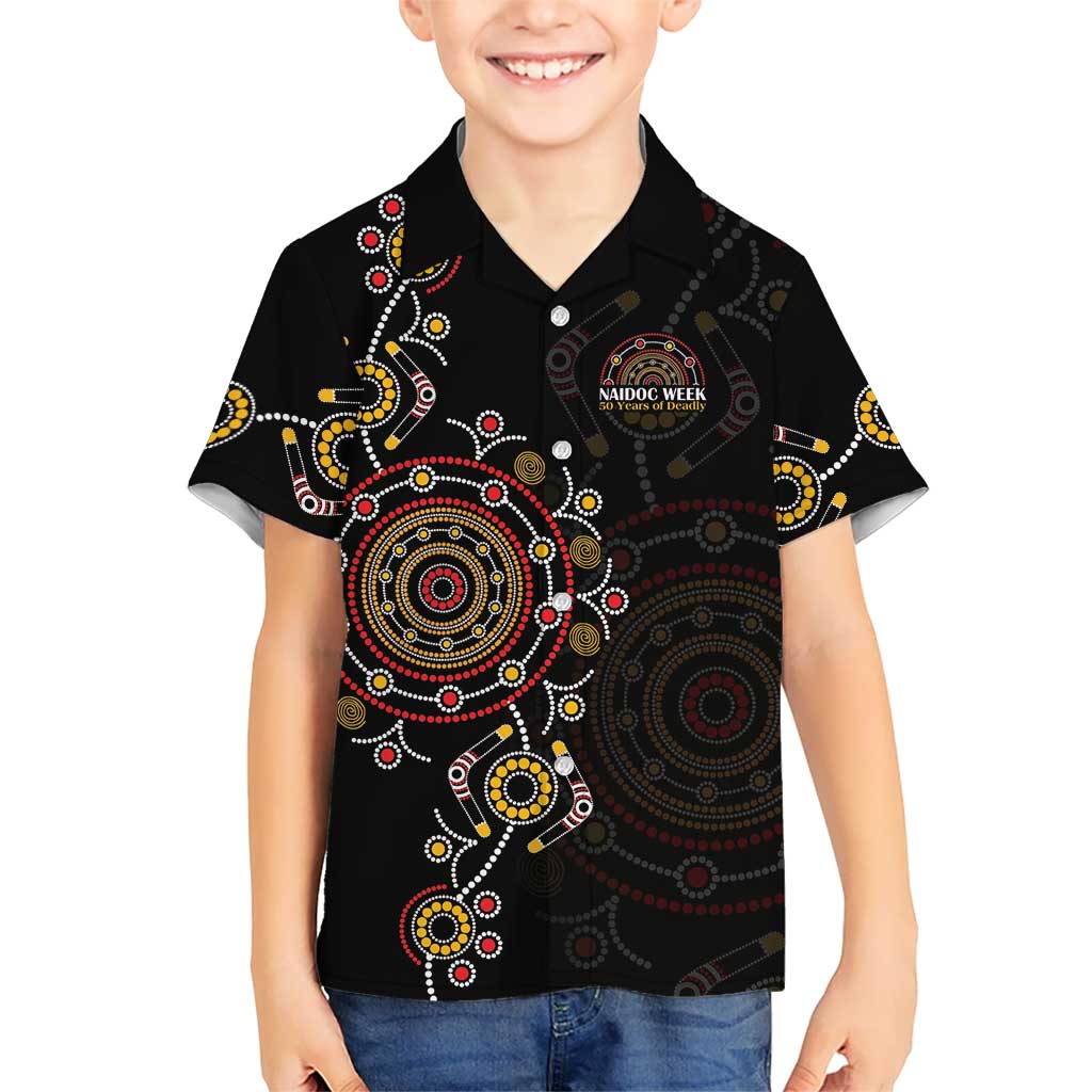 NAIDOC Deadly 50 Years Kid Hawaiian Shirt Aboriginal Black Gold Boomerang Art