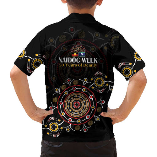 NAIDOC Deadly 50 Years Kid Hawaiian Shirt Aboriginal Black Gold Boomerang Art