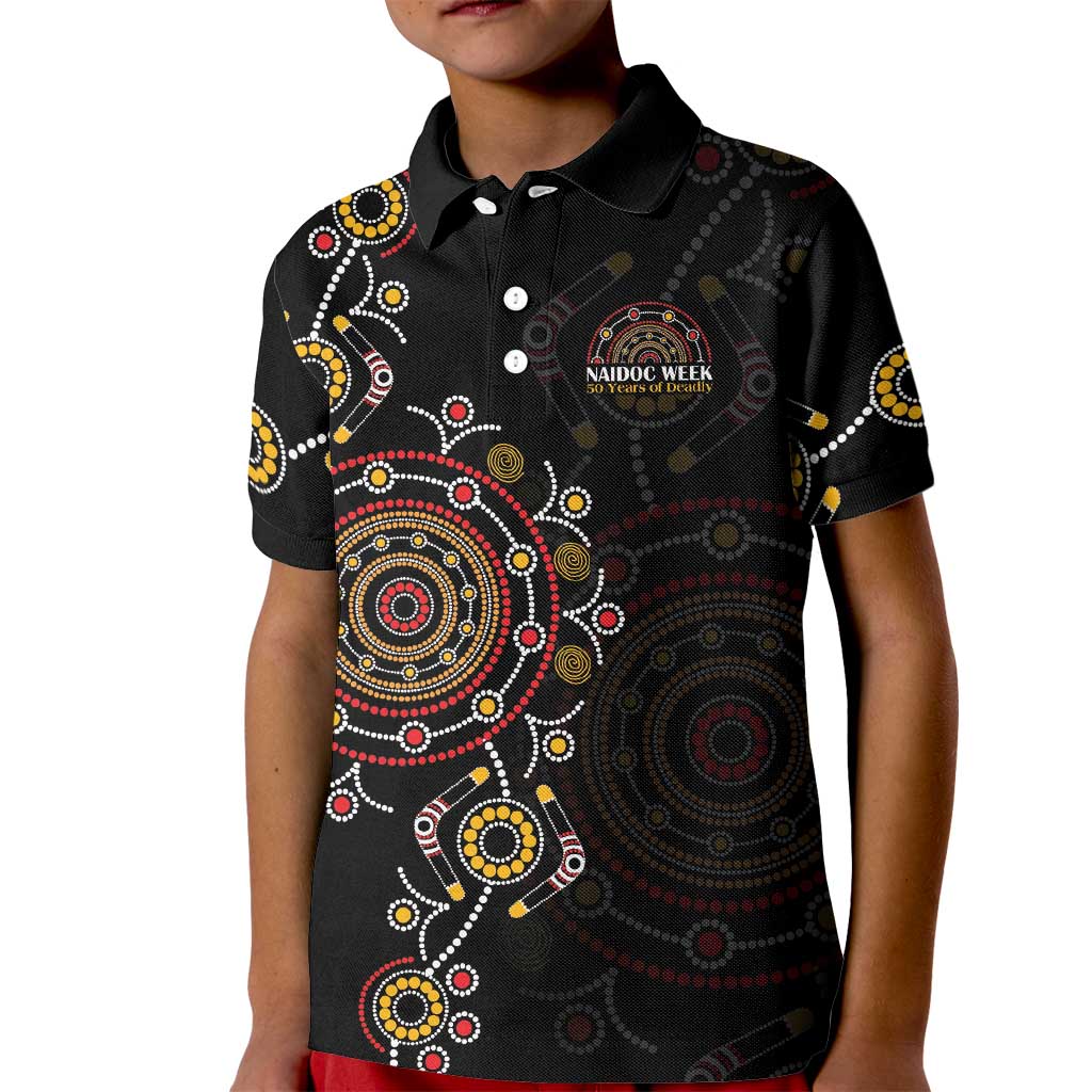 NAIDOC Deadly 50 Years Kid Polo Shirt Aboriginal Black Gold Boomerang Art